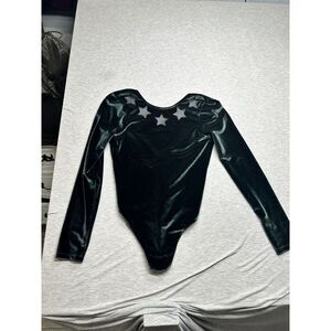 Victoria Sport Bodysuit Womens XS Velour Green Star Gymnast Long Sleeve Low Back